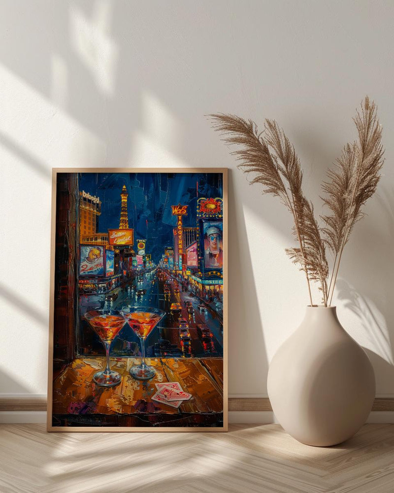 Las Vegas Wall Art, Open Window View, Neon Night City Print, Casino Bar Decor, Impasto Oil Painting