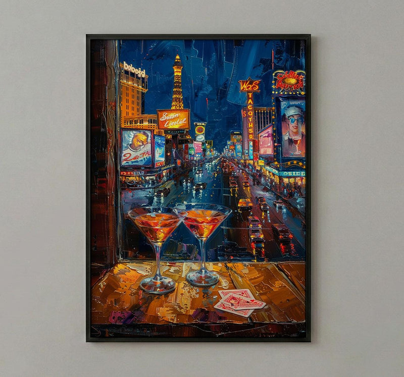 Las Vegas Wall Art, Open Window View, Neon Night City Print, Casino Bar Decor, Impasto Oil Painting