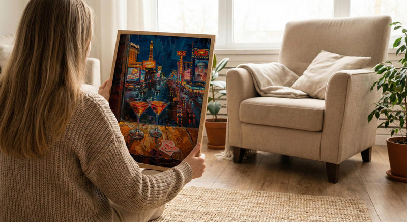Las Vegas Wall Art, Open Window View, Neon Night City Print, Casino Bar Decor, Impasto Oil Painting