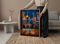 Las Vegas Wall Art, Open Window View, Neon Night City Print, Casino Bar Decor, Impasto Oil Painting