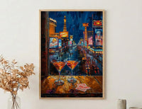 Las Vegas Wall Art, Open Window View, Neon Night City Print, Casino Bar Decor, Impasto Oil Painting