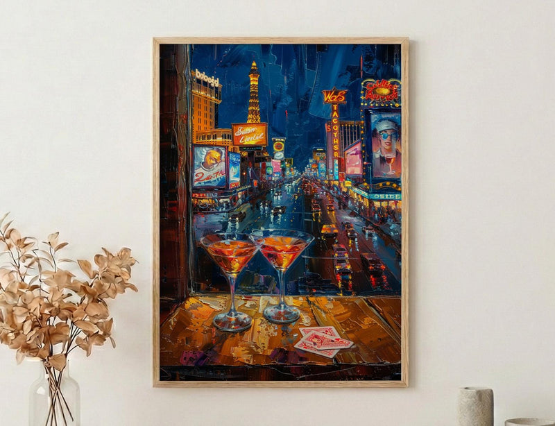 Las Vegas Wall Art, Open Window View, Neon Night City Print, Casino Bar Decor, Impasto Oil Painting