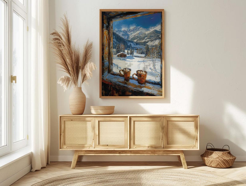 Winter Wall Art, Snowy Mountain Window View, Cabin Decor Print, Hot Chocolate Art, Ski Lodge Painting