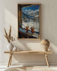 Winter Wall Art, Snowy Mountain Window View, Cabin Decor Print, Hot Chocolate Art, Ski Lodge Painting