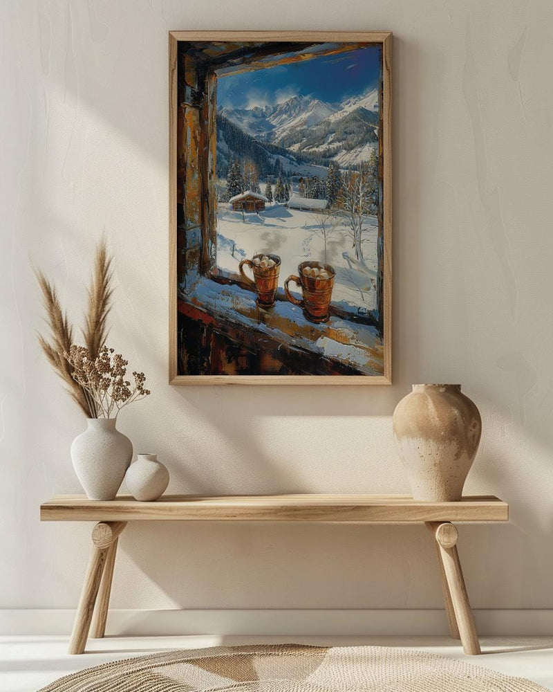 Winter Wall Art, Snowy Mountain Window View, Cabin Decor Print, Hot Chocolate Art, Ski Lodge Painting