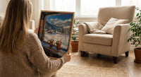 Winter Wall Art, Snowy Mountain Window View, Cabin Decor Print, Hot Chocolate Art, Ski Lodge Painting