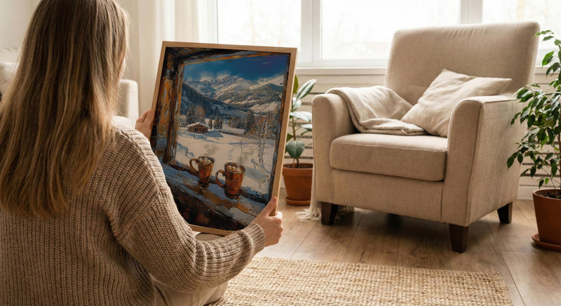 Winter Wall Art, Snowy Mountain Window View, Cabin Decor Print, Hot Chocolate Art, Ski Lodge Painting