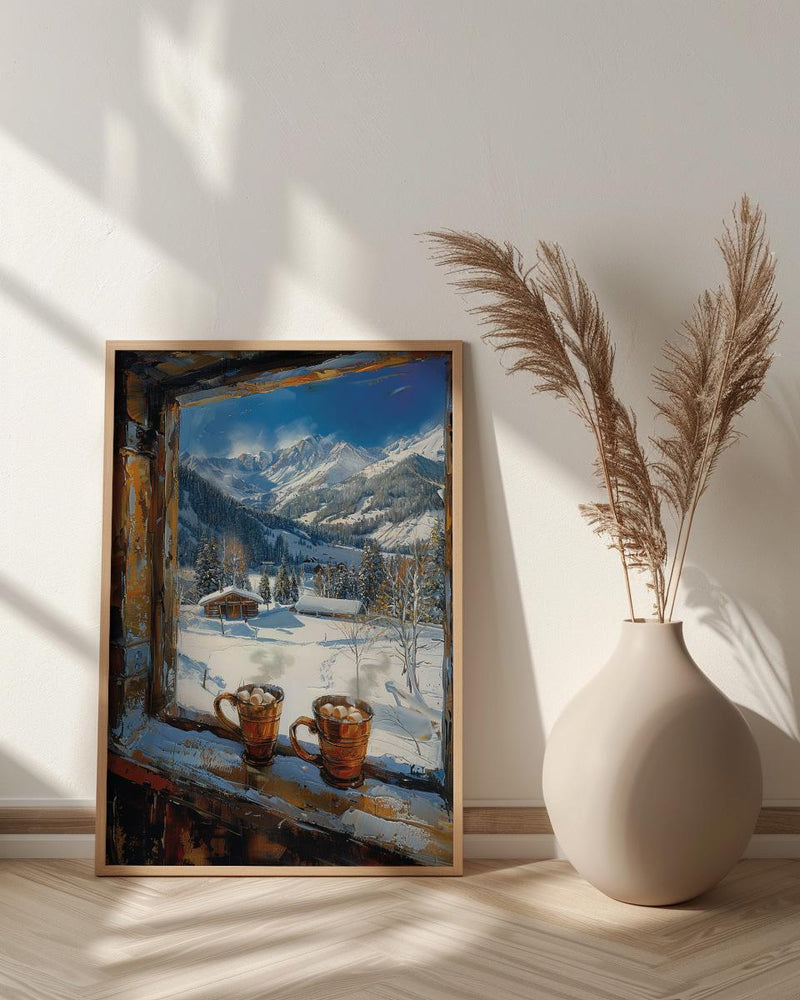 Winter Wall Art, Snowy Mountain Window View, Cabin Decor Print, Hot Chocolate Art, Ski Lodge Painting