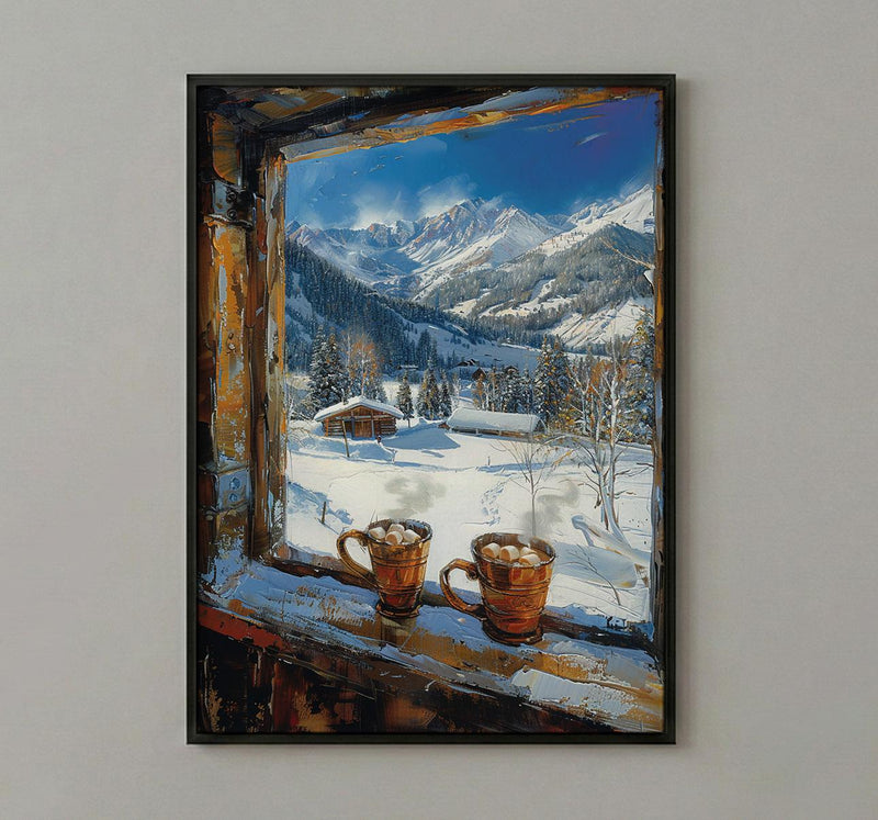 Winter Wall Art, Snowy Mountain Window View, Cabin Decor Print, Hot Chocolate Art, Ski Lodge Painting
