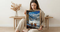 Winter Wall Art, Snowy Mountain Window View, Cabin Decor Print, Hot Chocolate Art, Ski Lodge Painting