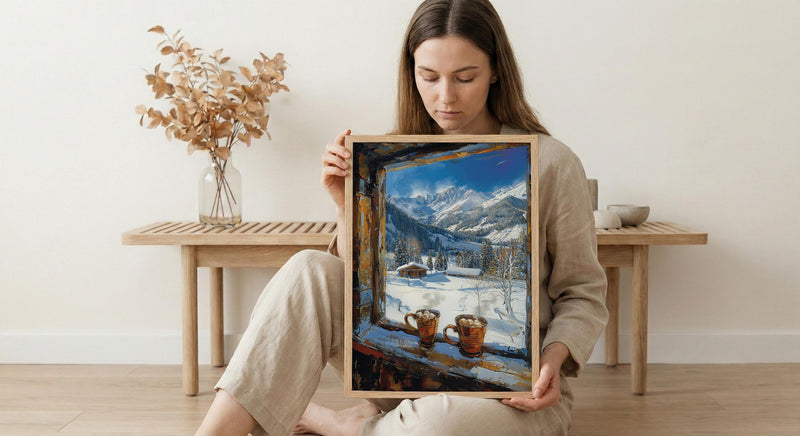 Winter Wall Art, Snowy Mountain Window View, Cabin Decor Print, Hot Chocolate Art, Ski Lodge Painting