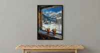 Winter Wall Art, Snowy Mountain Window View, Cabin Decor Print, Hot Chocolate Art, Ski Lodge Painting