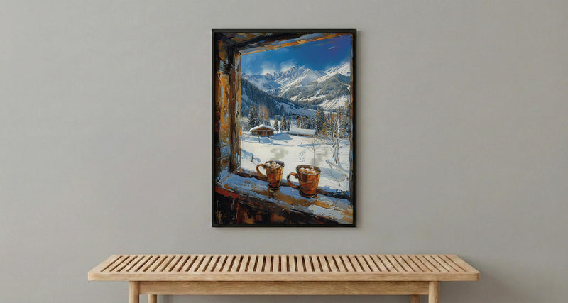 Winter Wall Art, Snowy Mountain Window View, Cabin Decor Print, Hot Chocolate Art, Ski Lodge Painting