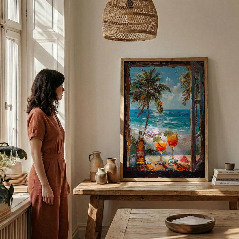 Miami Wall Art, Open Window View, South Beach Print, Tropical Ocean Painting, Florida Home Decor