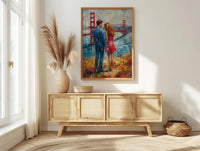 San Francisco Wall Art, Golden Gate Bridge Couple Print, Foggy City Painting, California Travel Gift, Romantic Decor