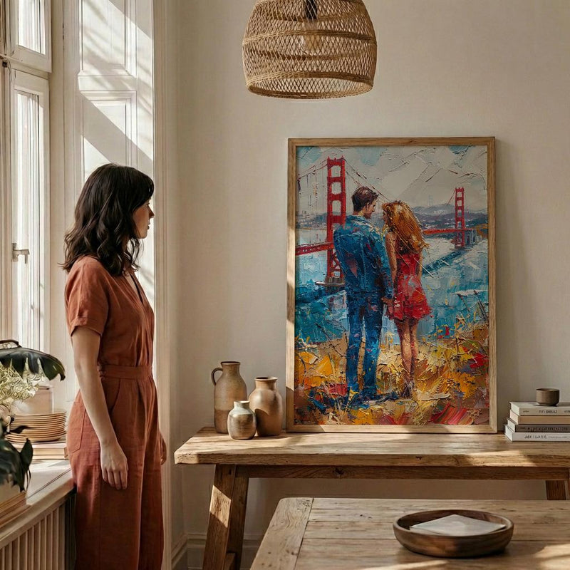San Francisco Wall Art, Golden Gate Bridge Couple Print, Foggy City Painting, California Travel Gift, Romantic Decor