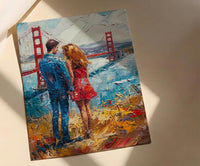 San Francisco Wall Art, Golden Gate Bridge Couple Print, Foggy City Painting, California Travel Gift, Romantic Decor