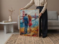 San Francisco Wall Art, Golden Gate Bridge Couple Print, Foggy City Painting, California Travel Gift, Romantic Decor