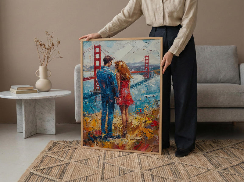 San Francisco Wall Art, Golden Gate Bridge Couple Print, Foggy City Painting, California Travel Gift, Romantic Decor