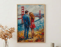 San Francisco Wall Art, Golden Gate Bridge Couple Print, Foggy City Painting, California Travel Gift, Romantic Decor