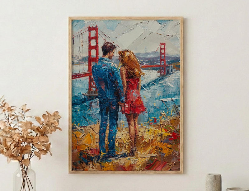 San Francisco Wall Art, Golden Gate Bridge Couple Print, Foggy City Painting, California Travel Gift, Romantic Decor