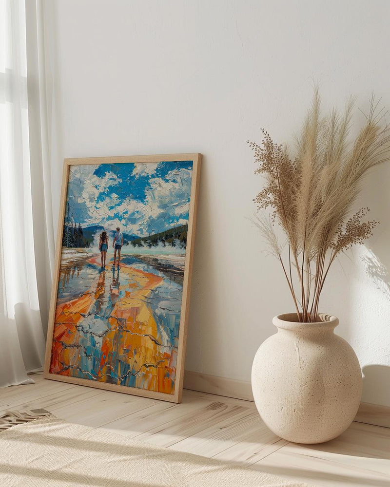 Yellowstone Wall Art, National Park Couple Print, Geyser Landscape Painting, Nature Travel Decor, Colorful Thermal Art