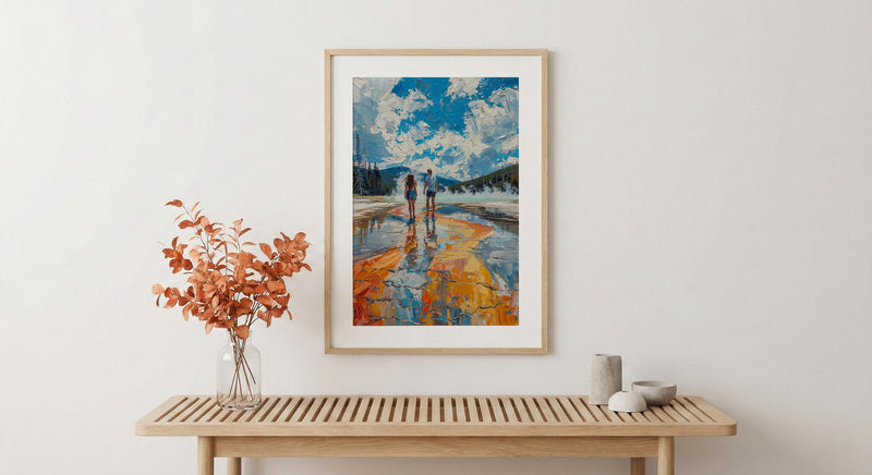 Yellowstone Wall Art, National Park Couple Print, Geyser Landscape Painting, Nature Travel Decor, Colorful Thermal Art