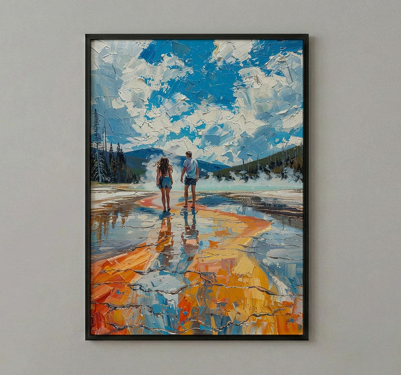 Yellowstone Wall Art, National Park Couple Print, Geyser Landscape Painting, Nature Travel Decor, Colorful Thermal Art
