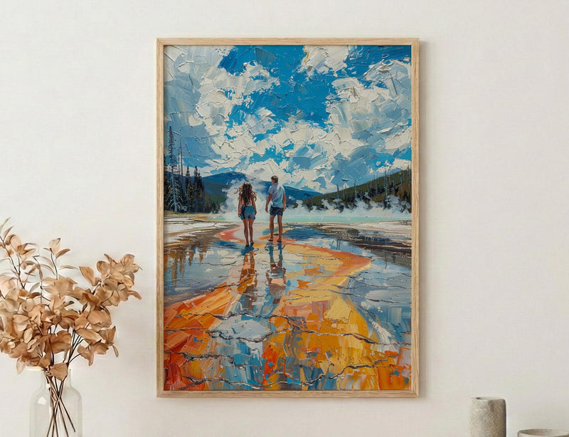 Yellowstone Wall Art, National Park Couple Print, Geyser Landscape Painting, Nature Travel Decor, Colorful Thermal Art