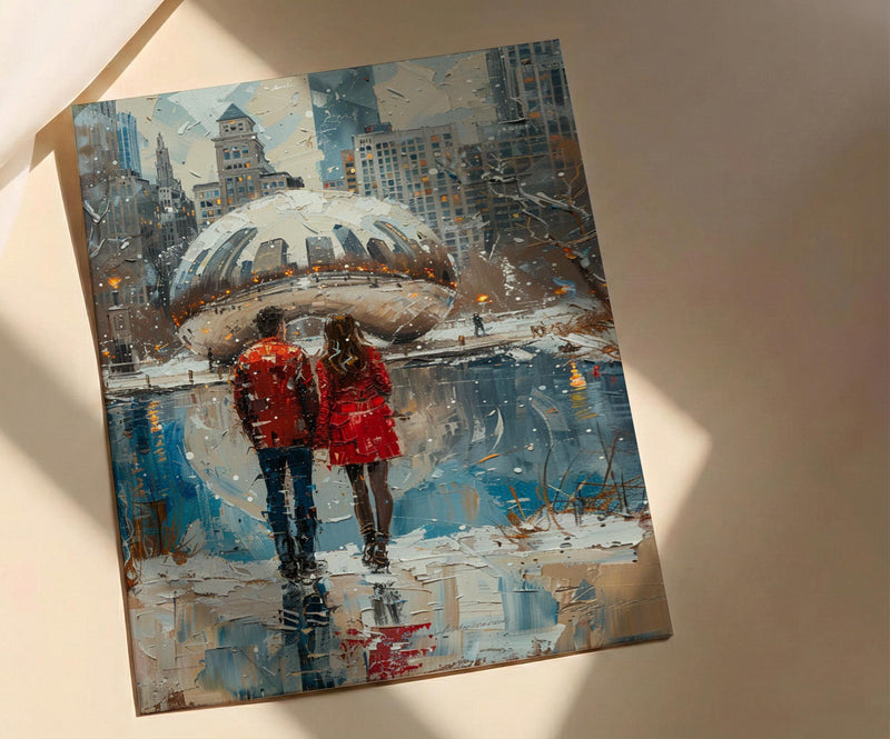 Chicago Wall Art, Cloud Gate Bean Print, City Skyline Painting, Urban Couple Decor, Romantic Cityscape Art