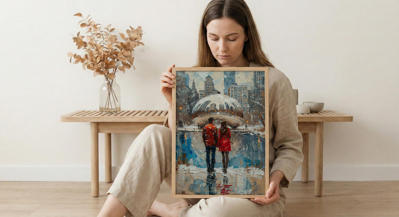 Chicago Wall Art, Cloud Gate Bean Print, City Skyline Painting, Urban Couple Decor, Romantic Cityscape Art
