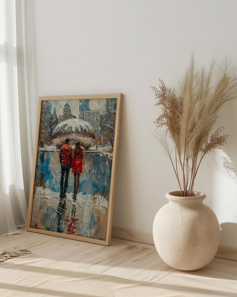 Chicago Wall Art, Cloud Gate Bean Print, City Skyline Painting, Urban Couple Decor, Romantic Cityscape Art