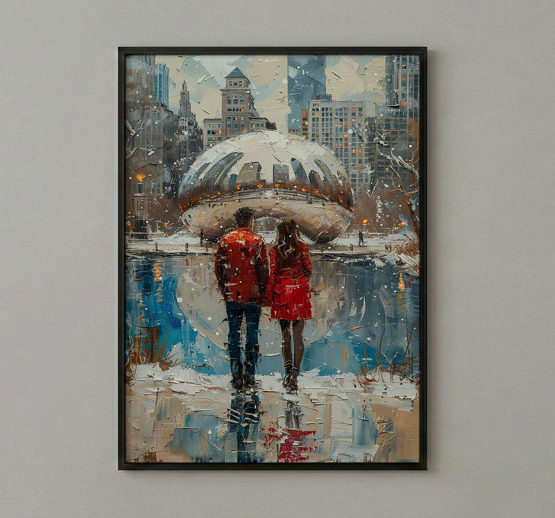 Chicago Wall Art, Cloud Gate Bean Print, City Skyline Painting, Urban Couple Decor, Romantic Cityscape Art