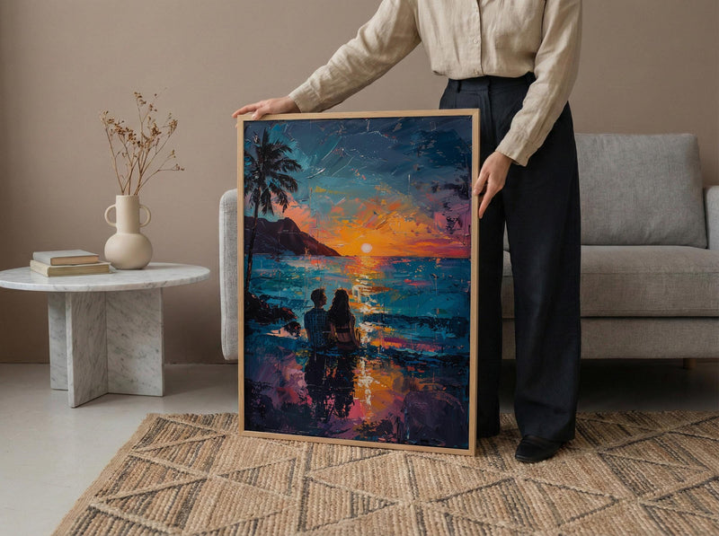 Hawaii Wall Art, Volcano Sunset Couple Print, Tropical Beach Painting, Palm Tree Decor, Romantic Honeymoon Gift