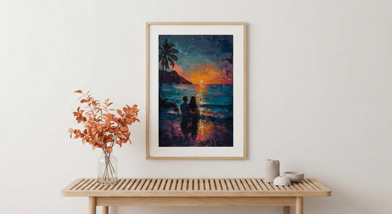 Hawaii Wall Art, Volcano Sunset Couple Print, Tropical Beach Painting, Palm Tree Decor, Romantic Honeymoon Gift