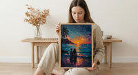 Hawaii Wall Art, Volcano Sunset Couple Print, Tropical Beach Painting, Palm Tree Decor, Romantic Honeymoon Gift
