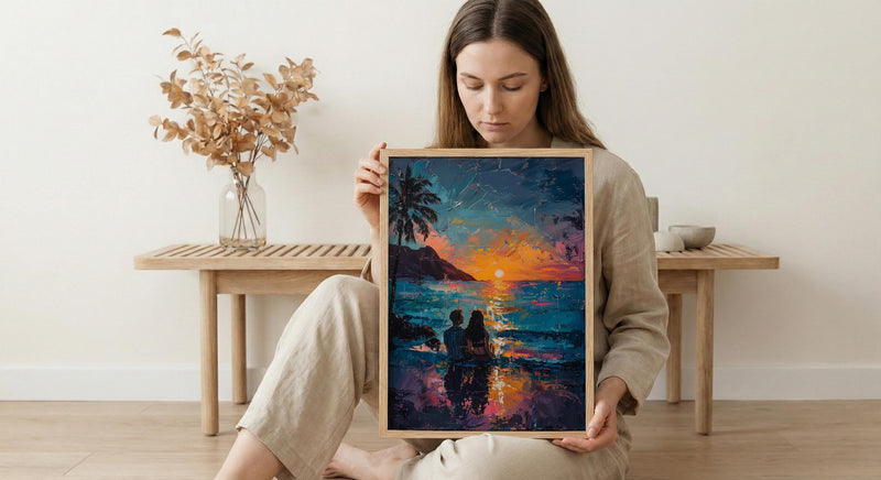 Hawaii Wall Art, Volcano Sunset Couple Print, Tropical Beach Painting, Palm Tree Decor, Romantic Honeymoon Gift