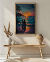 Hawaii Wall Art, Volcano Sunset Couple Print, Tropical Beach Painting, Palm Tree Decor, Romantic Honeymoon Gift