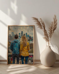 Seattle Wall Art, Space Needle Couple Print, City Skyline Painting, Cloudy Day Decor, Urban Travel Gift
