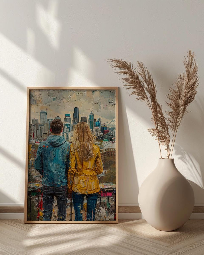 Seattle Wall Art, Space Needle Couple Print, City Skyline Painting, Cloudy Day Decor, Urban Travel Gift
