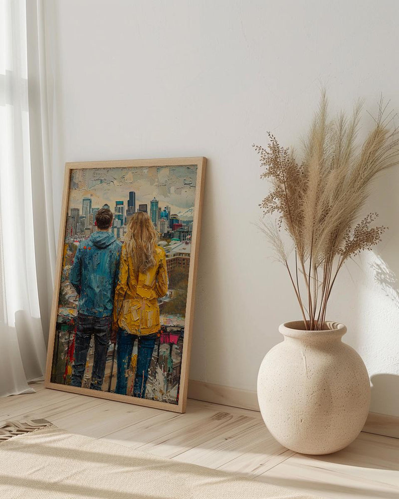 Seattle Wall Art, Space Needle Couple Print, City Skyline Painting, Cloudy Day Decor, Urban Travel Gift