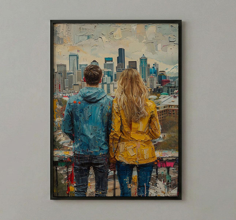 Seattle Wall Art, Space Needle Couple Print, City Skyline Painting, Cloudy Day Decor, Urban Travel Gift