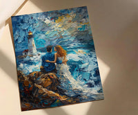 Maine Wall Art, Lighthouse Coastal Print, Ocean Wave Painting, Romantic Couple Decor, New England Art
