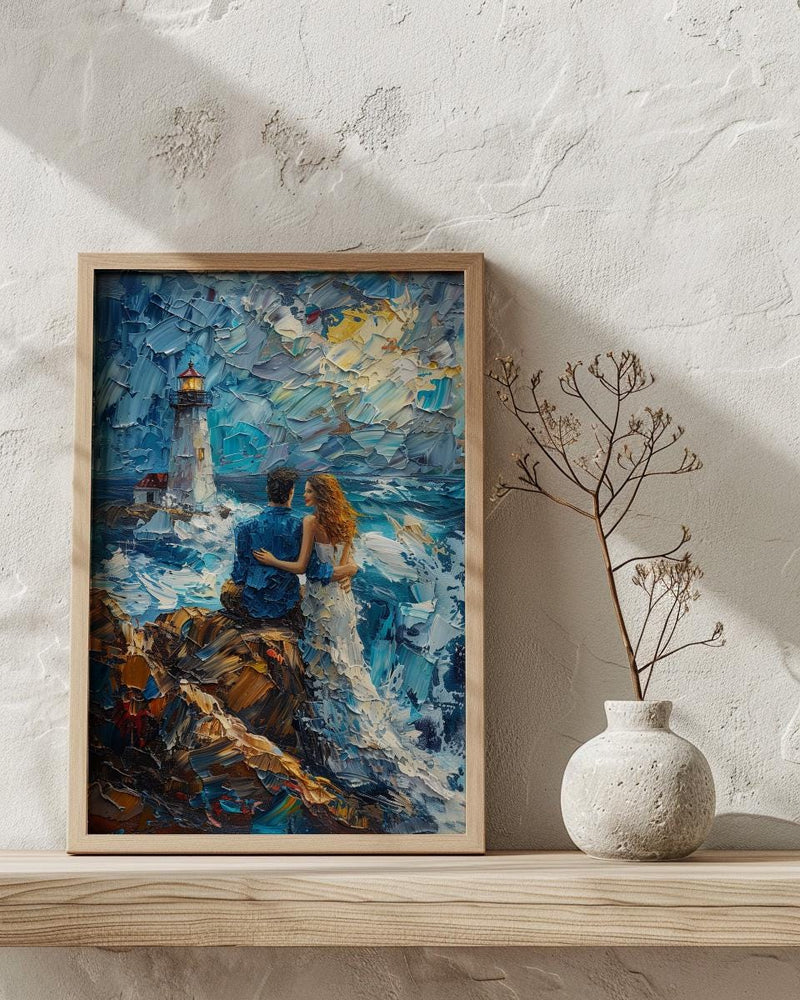 Maine Wall Art, Lighthouse Coastal Print, Ocean Wave Painting, Romantic Couple Decor, New England Art