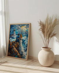 Maine Wall Art, Lighthouse Coastal Print, Ocean Wave Painting, Romantic Couple Decor, New England Art