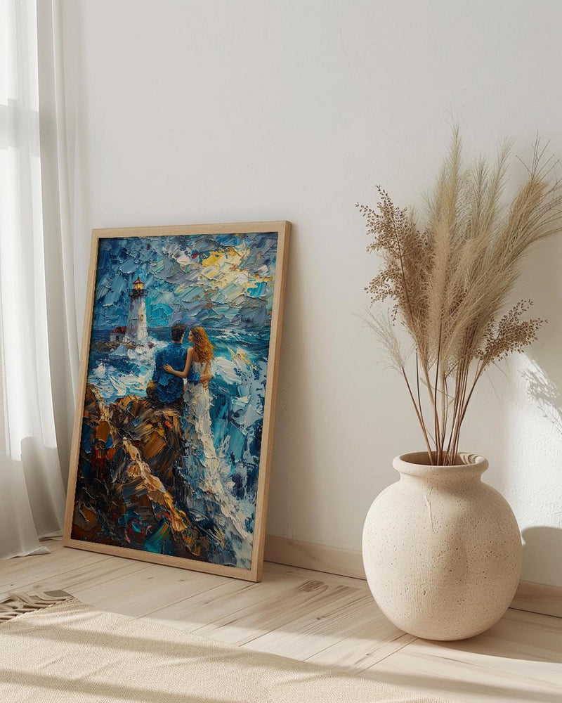 Maine Wall Art, Lighthouse Coastal Print, Ocean Wave Painting, Romantic Couple Decor, New England Art