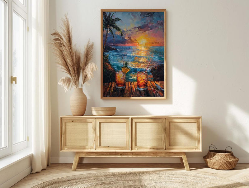Hawaii Wall Art, Tropical Window View, Beach Sunset Print, Tiki Bar Decor, Ocean Landscape Painting