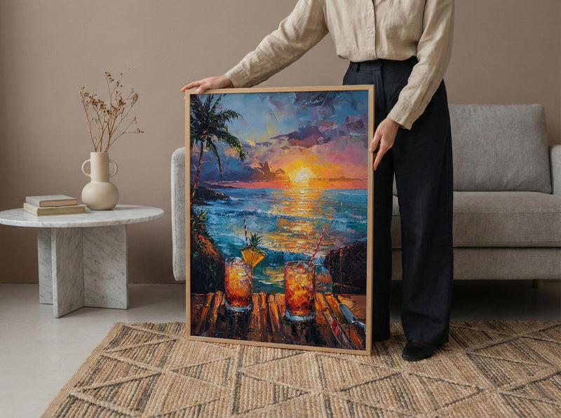 Hawaii Wall Art, Tropical Window View, Beach Sunset Print, Tiki Bar Decor, Ocean Landscape Painting