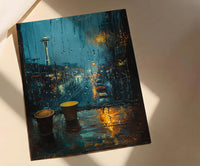 Seattle Wall Art, Rainy Window View, Space Needle Print, Coffee Lover Decor, Moody City Painting