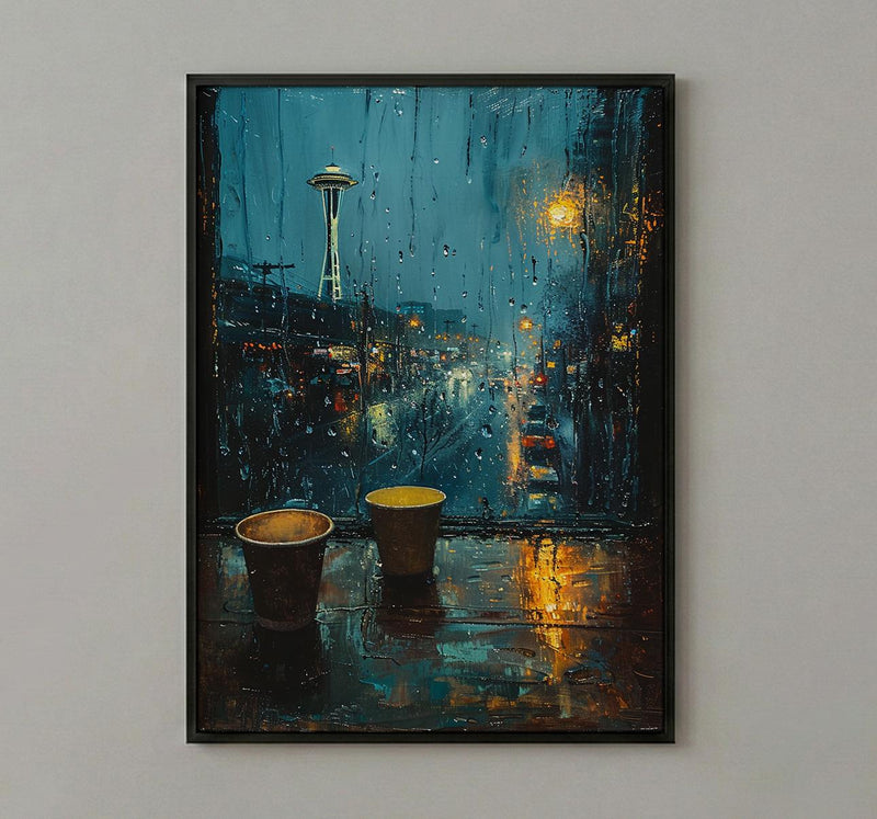 Seattle Wall Art, Rainy Window View, Space Needle Print, Coffee Lover Decor, Moody City Painting